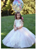 Elbow Sleeves Beaded Lace Tulle Buttons Back Flower Girl Dress